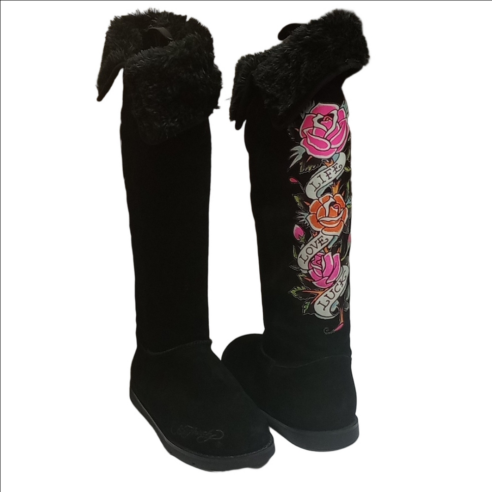 🌹ED HARDY CHRISTIAN AUDIGIER Y2K BLACK SUEDE BOOTS WITH PINK TATTOO ROSE DESIGN - Picture 2 of 12